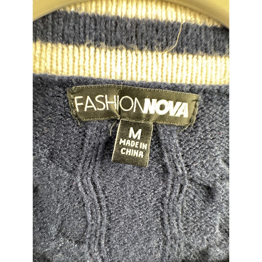 Fashion Nova Cardigan Sweater Womens Size M Navy Blue Cable Knit Varsity Stripe - Picture 7 of 10